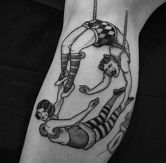 点击大图看下一张：精彩纷呈的黑色点刺简单线条创意马戏团纹身图案