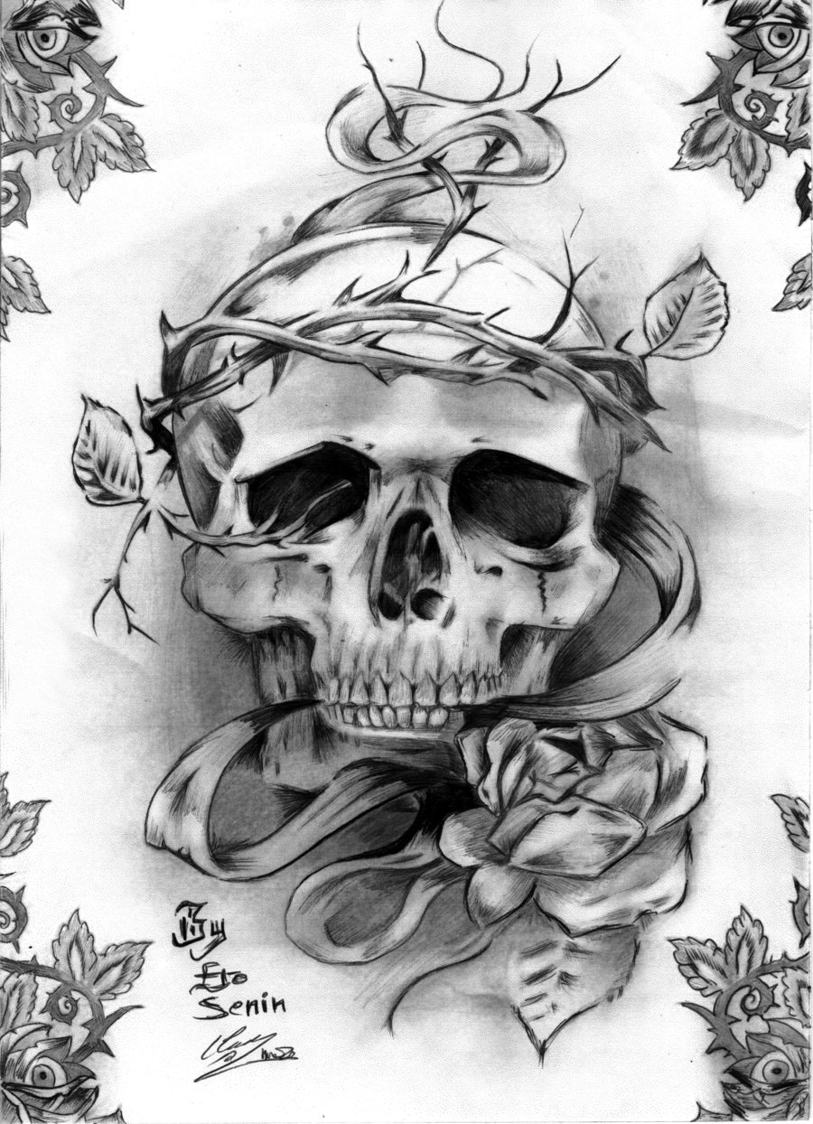 点击大图看下一张：黑灰素描创意恐怖骷髅唯美玫瑰纹身手稿