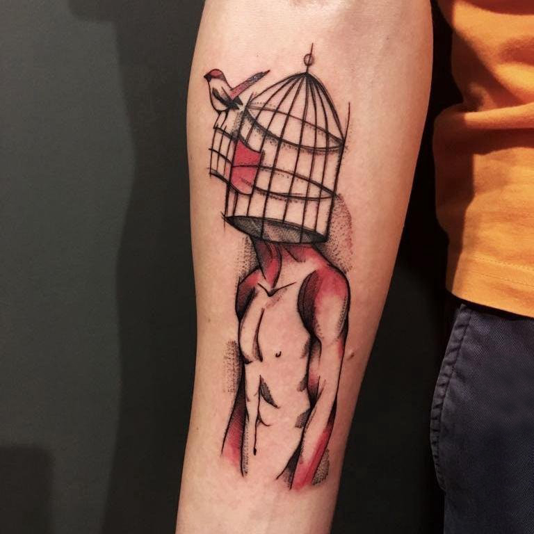 点击大图看下一张：男生手臂上红黑素描点刺技巧创意超现实主义抽象人物纹身图片