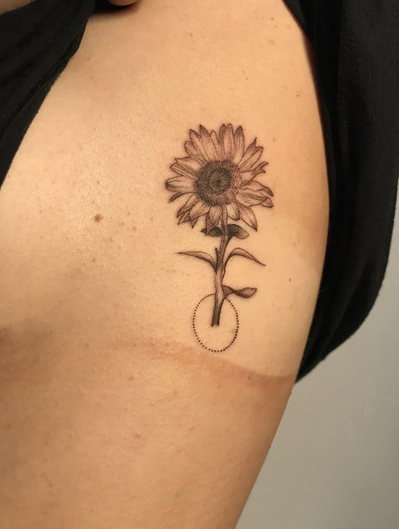 点击大图看下一张：女生侧腰上黑灰点刺几何简单线条植物花朵纹身图片
