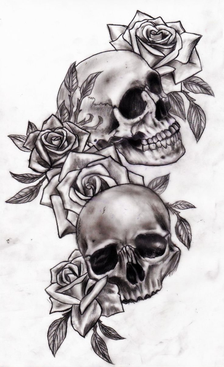 点击大图看下一张：黑灰素描描绘的创意骷髅唯美花朵纹身手稿