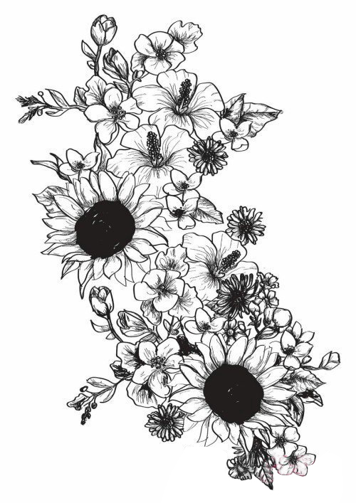 点击大图看下一张：黑色素描创意唯美精致创意向日葵纹身手稿