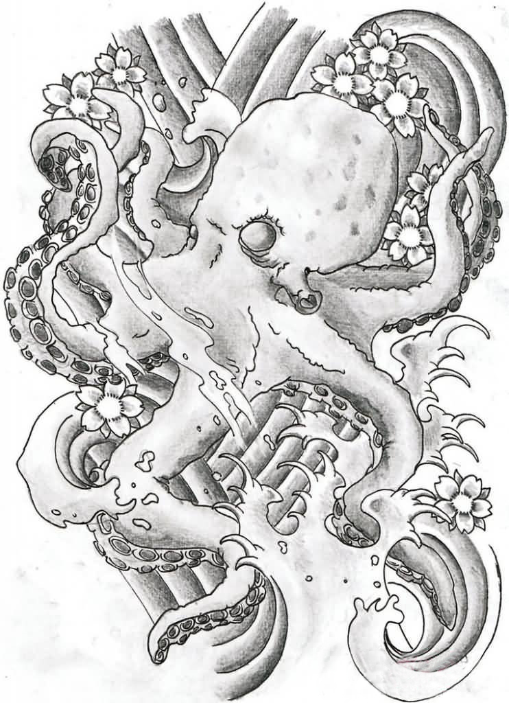 点击大图看下一张：黑灰素描创意有趣动物章鱼纹身手稿