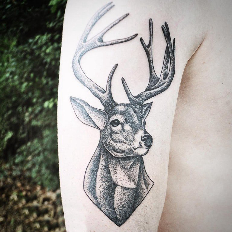 点击大图看下一张：男生手臂上黑色点刺简单线条可爱小动物鹿纹身图片