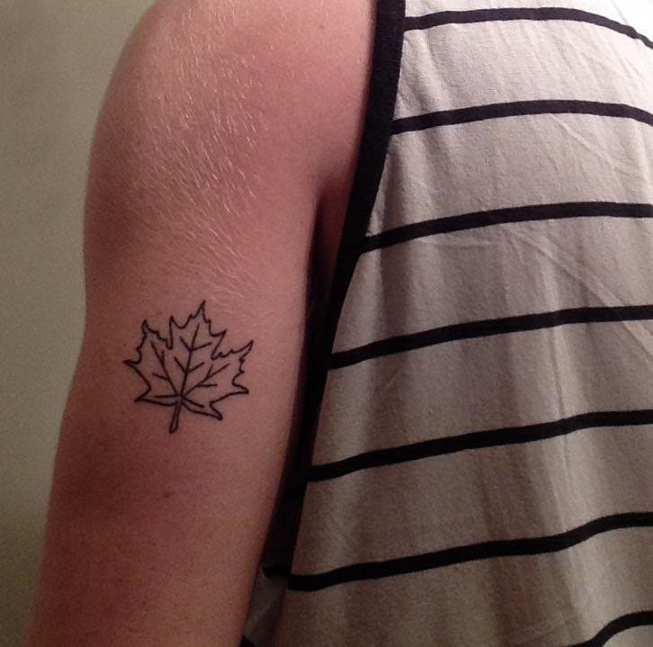 点击大图看下一张：男生手臂上黑色简单线条植物素材枫叶纹身图片