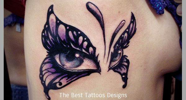 点击大图看下一张：女生背部彩绘水彩素描创意唯美蝴蝶眼睛纹身图片