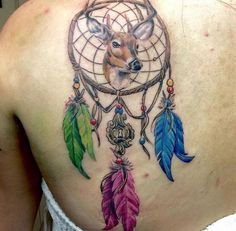点击大图看下一张：女生背部彩绘水彩素描创意文艺捕梦网纹身图片