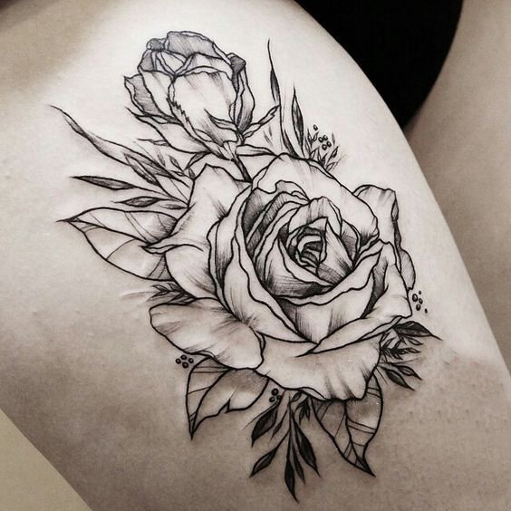 点击大图看下一张：女生大腿上黑灰素描点刺技巧创意唯美花朵3d纹身图片
