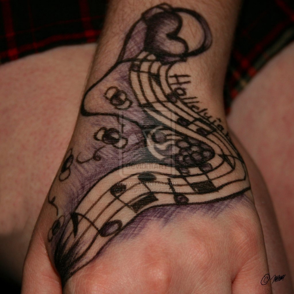 点击大图看下一张：女生手背上黑灰素描点刺技巧创意音符文艺纹身图片