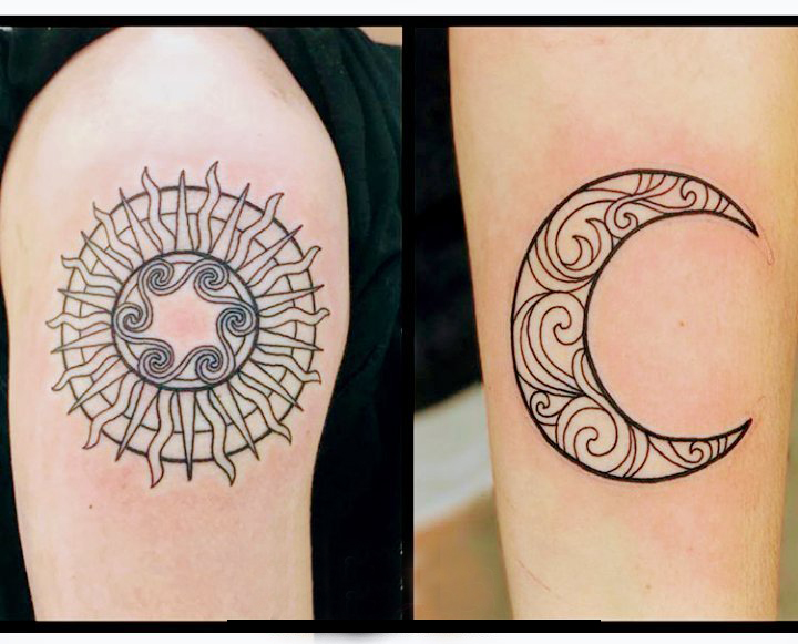 点击大图看下一张：女生手臂上黑色几何抽象线条太阳和月亮纹身图片