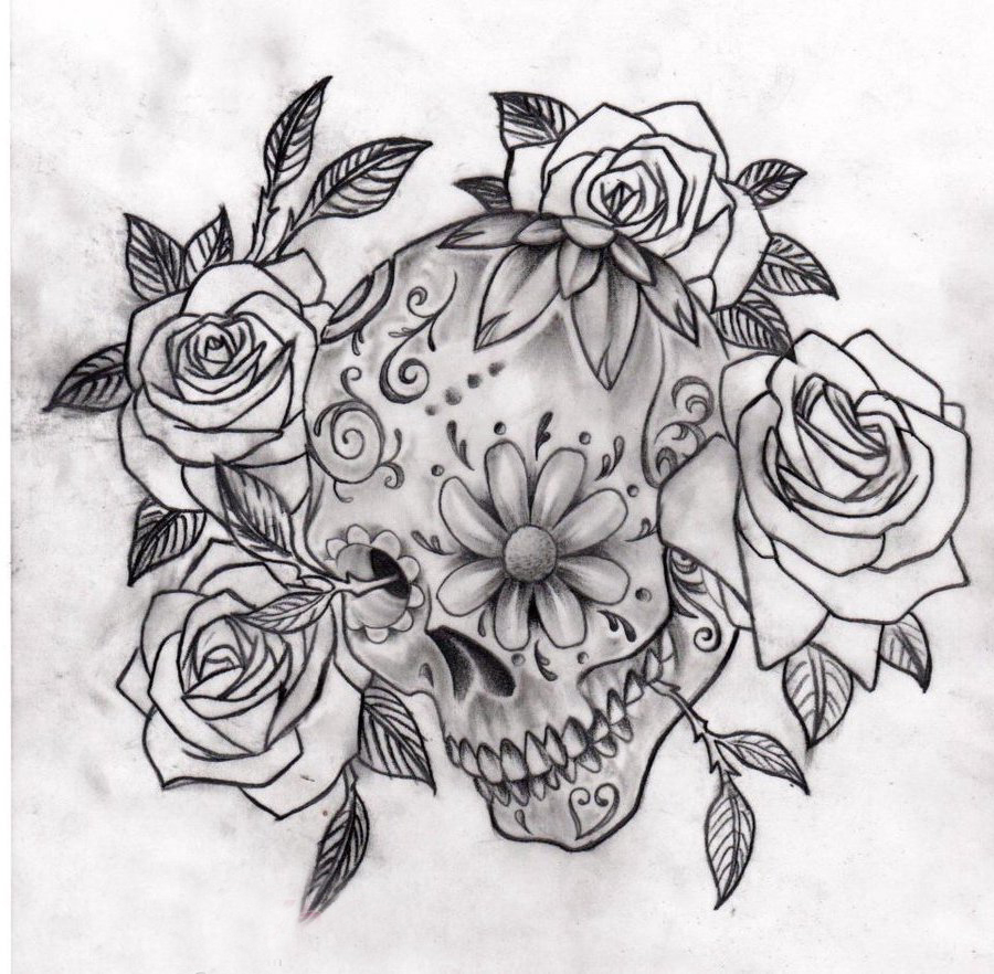 点击大图看下一张：黑灰素描创意恐怖骷髅唯美花朵创意纹身手稿