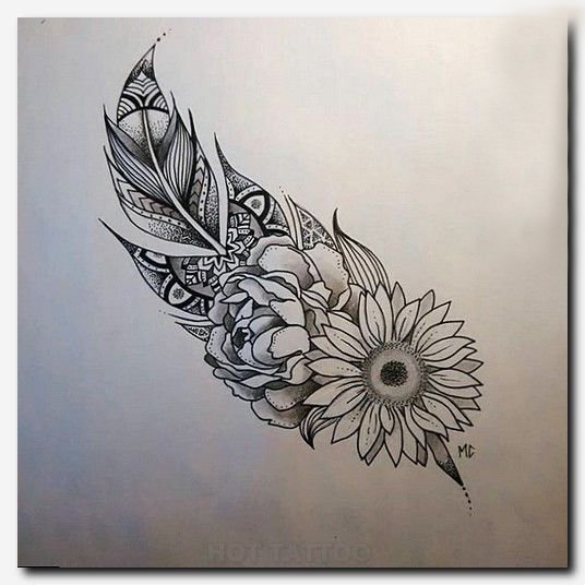 点击大图看下一张：黑灰素描描绘的创意唯美花朵羽毛纹身手稿