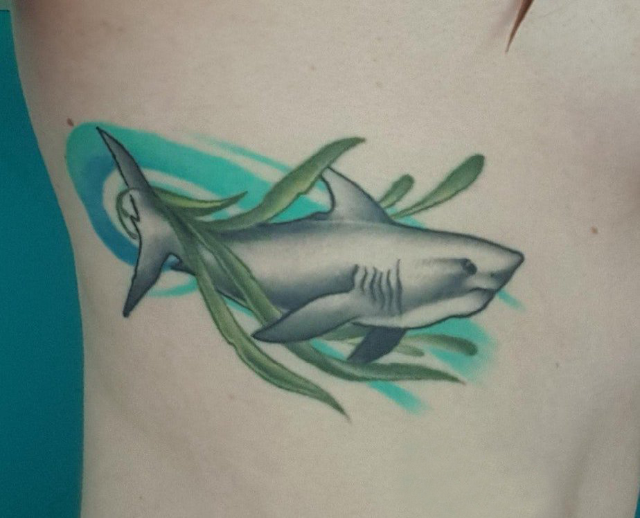 点击大图看下一张：男生侧腰上彩绘渐变简单线条植物水草和鲨鱼纹身图片