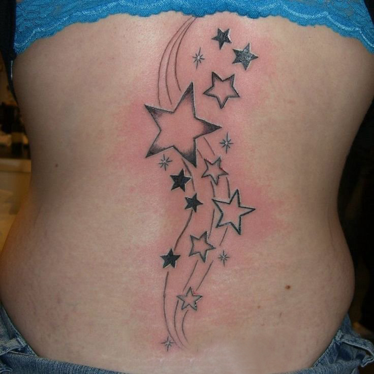 点击大图看下一张：女生背部黑灰素描创意文艺星星纹身图片