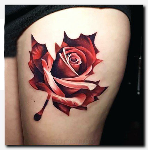 点击大图看下一张：女生大腿上彩绘水彩素描创意文艺枫叶玫瑰纹身图片