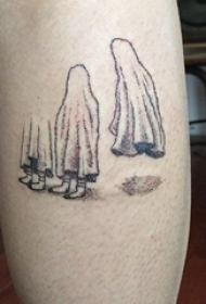男生小腿上黑灰素描点刺技巧创意幽灵恐怖纹身图片