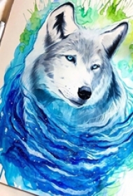 彩绘水彩素描泼墨创意狼头纹身手稿