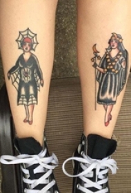 女生小腿上彩绘水彩素描创意古典女生人物纹身图片