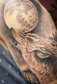 男生手臂上黑灰素描点刺去创意狼和月亮花臂纹身图片