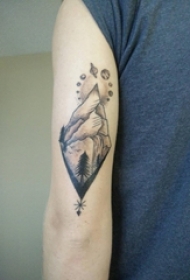 男生手臂上黑灰点刺抽象线条山峰和植物大树纹身图片