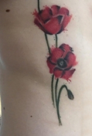 男生侧腰上彩绘渐变简单线条植物花朵玫瑰花纹身图片