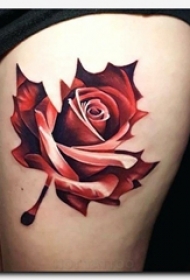 女生大腿上彩绘水彩素描创意文艺枫叶玫瑰纹身图片