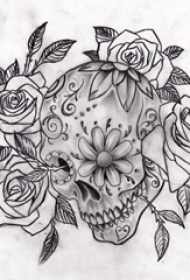 黑灰素描创意恐怖骷髅唯美花朵创意纹身手稿