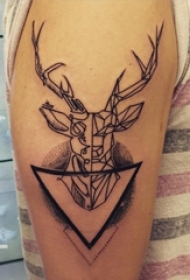 男生手臂上黑灰素描几何元素创意鹿头纹身图片