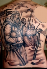 男生背部黑灰素描点刺技巧创意武士纹身图片