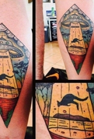 男生小腿上彩绘水彩素描创意太空飞船纹身图片
