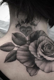 女生颈后黑灰点刺简单线条植物玫瑰纹身图片