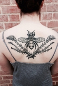 女生背部黑色线条素描文艺唯美昆虫纹身图片