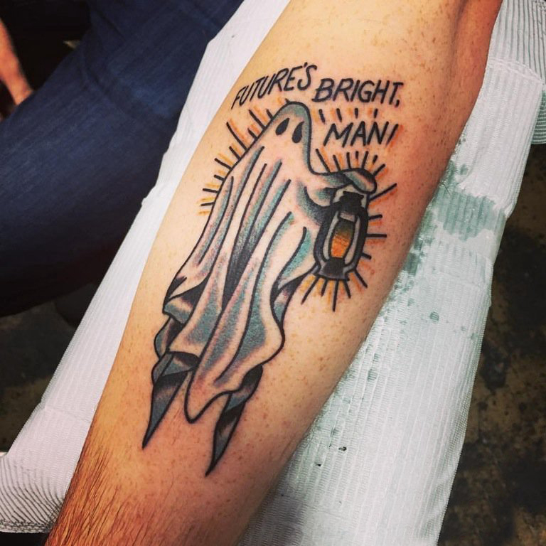 点击大图看下一张：男生手臂上彩绘水彩素描恐怖幽灵纹身图片