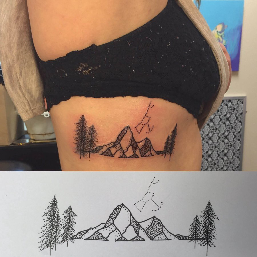 点击大图看下一张：女生侧腰上黑色点刺简单线条大树和山脉纹身图片
