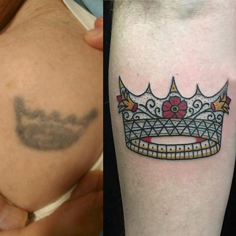 点击大图看下一张：女生手臂上彩绘水彩素描创意文艺精美皇冠纹身图片