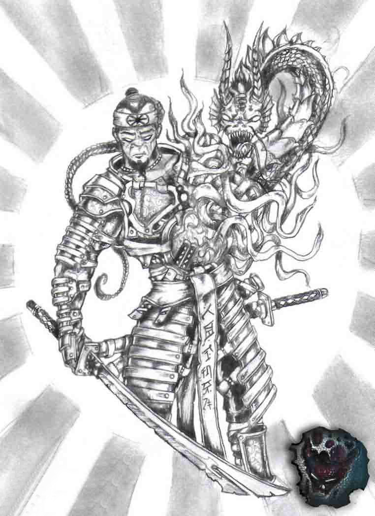 点击大图看下一张：多款黑灰素描点刺技巧创意霸气武士和龙纹身手稿