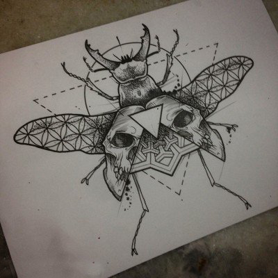 点击大图看下一张：黑灰素描创意精致昆虫小动物纹身手稿