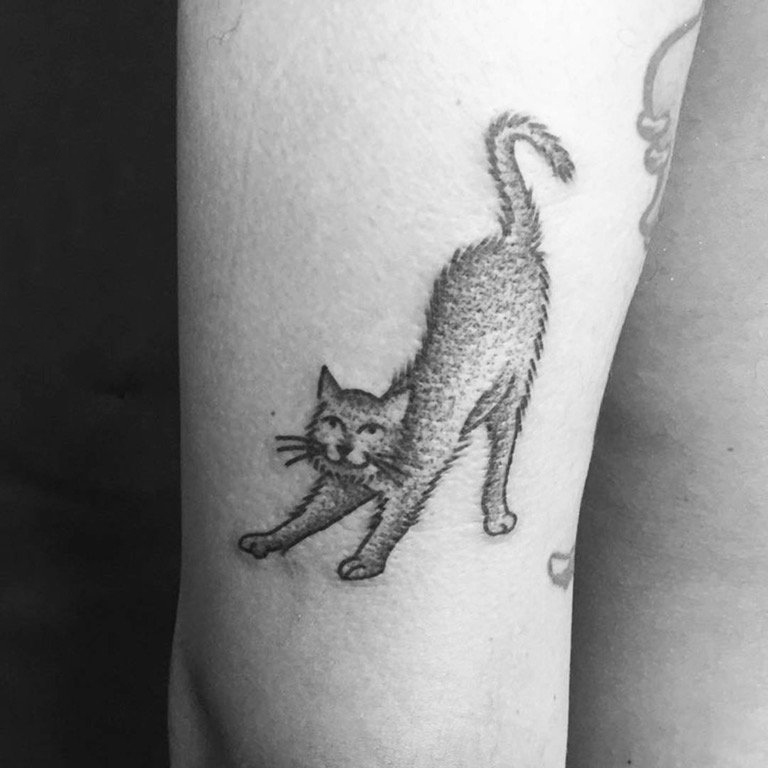 点击大图看下一张：男生手臂上黑灰点刺简单线条小动物猫咪纹身图片