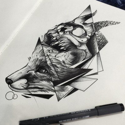 点击大图看下一张：黑灰素描创意精致鹿头纹身手稿