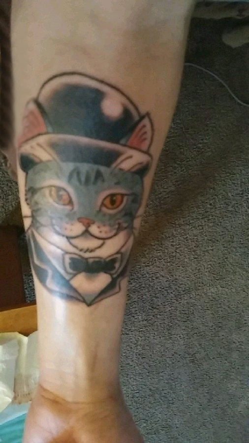 点击大图看下一张：男生手臂上彩绘水彩素描创意文艺可爱猫咪纹身图片