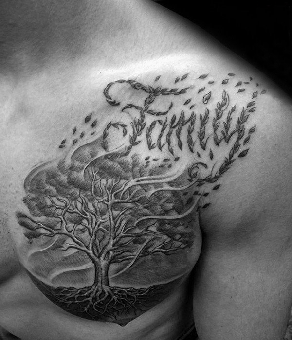 点击大图看下一张：男生胸部黑色点刺简单抽象线条植物大树纹身图片