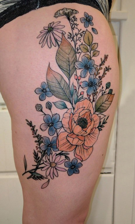 点击大图看下一张：女生大腿上彩绘渐变简单线条创意植物花朵纹身图片
