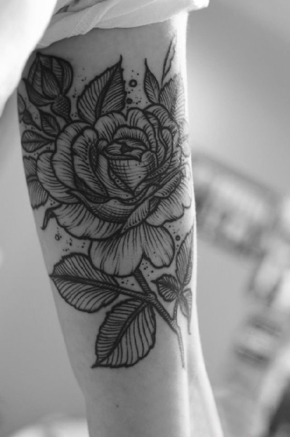 点击大图看下一张：女生手臂上黑色点刺简单线条植物花纹身图片