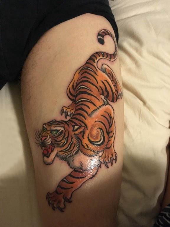 点击大图看下一张：男生大臂上彩绘渐变抽象线条小动物老虎纹身图片