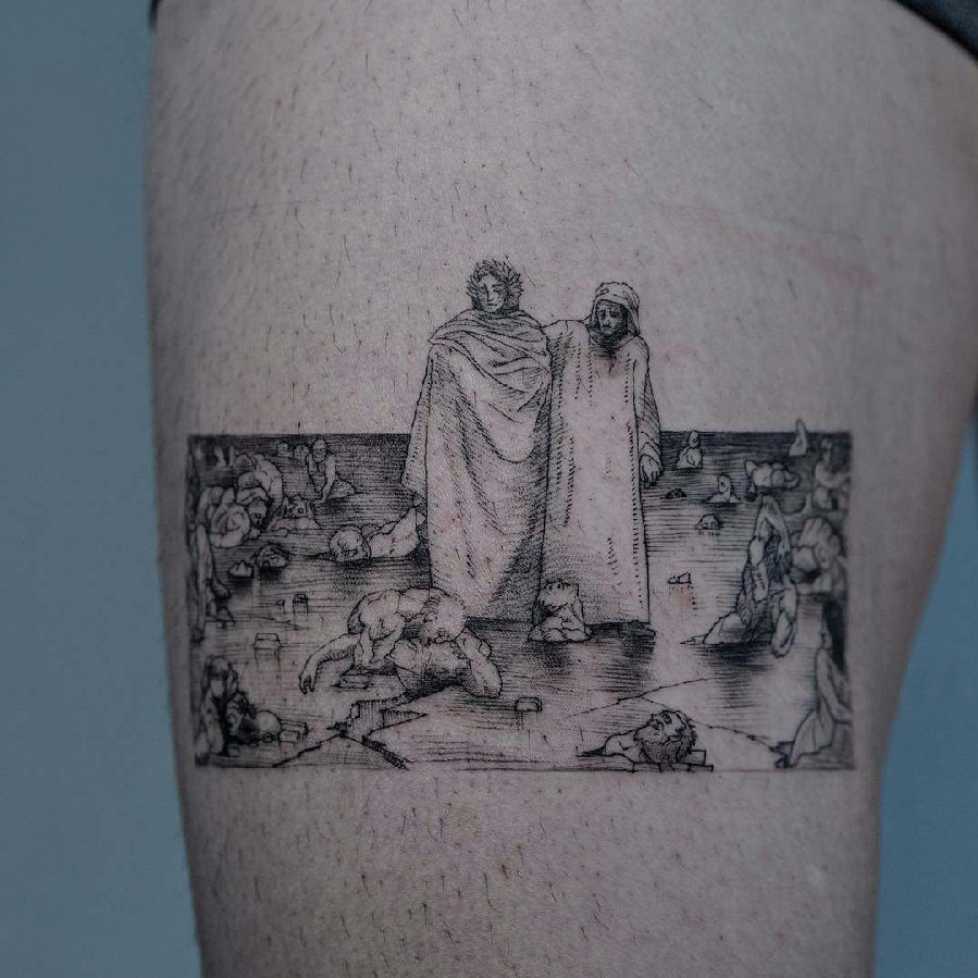 点击大图看下一张：男生手臂上黑灰素描点刺技巧创意宗教纹身图片