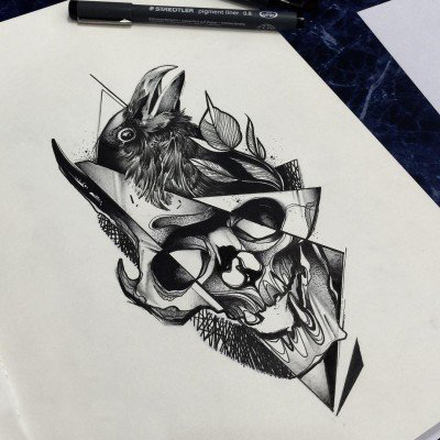 点击大图看下一张：黑灰素描创意经典骷髅和老鹰纹身手稿