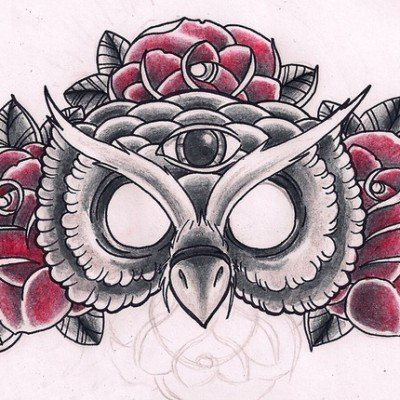 点击大图看下一张：彩绘水彩素描唯美花朵霸气猫头鹰纹身手稿