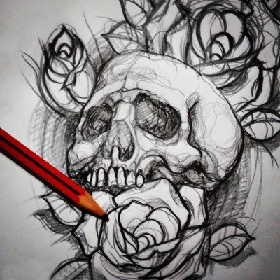 点击大图看下一张：黑灰素描创意霸气骷髅唯美花朵纹身手稿