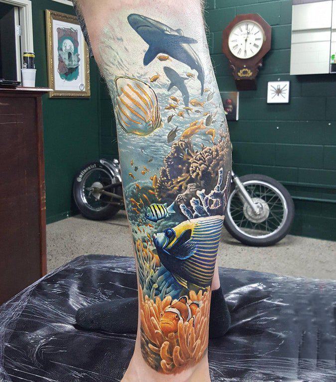 点击大图看下一张：男生手臂上彩绘渐变简单线条珊瑚和鱼海底风景纹身图片