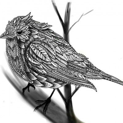 点击大图看下一张：黑灰素描创意文艺精美花纹小鸟纹身手稿